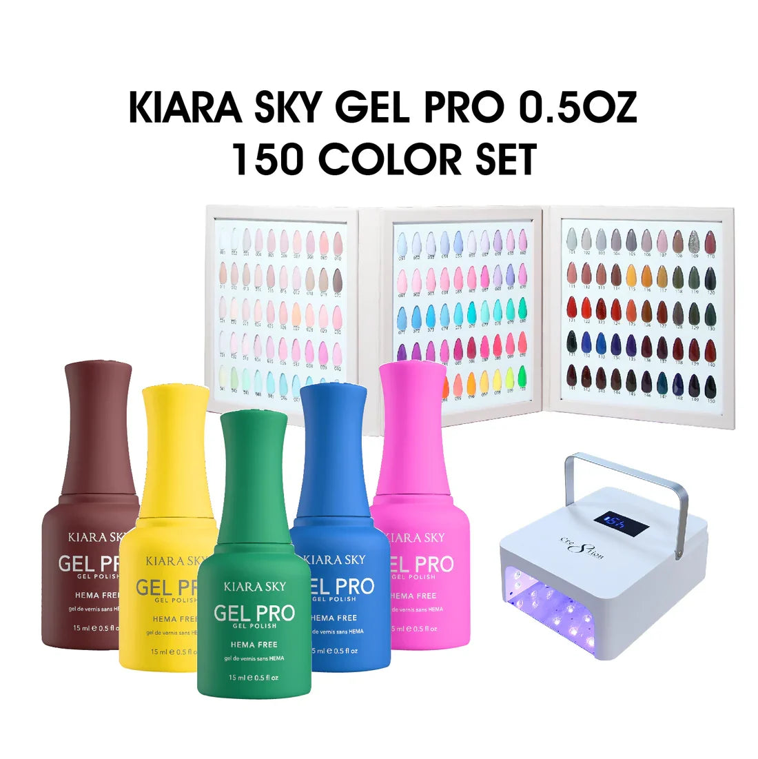 Kiara Sky Gel Pro 0.5oz - Full Set 150 Colors w/ 1 Swatch Book & 1 Cre8tion Cordless Lamp & 12pcs Top Coat