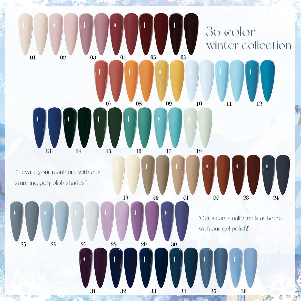 Nacy Set Winter Gel 36 Colors - HEMA TPO free / Free 1 Base, 1 Top, 1 Matte & 1 Color Display Book & Swatches