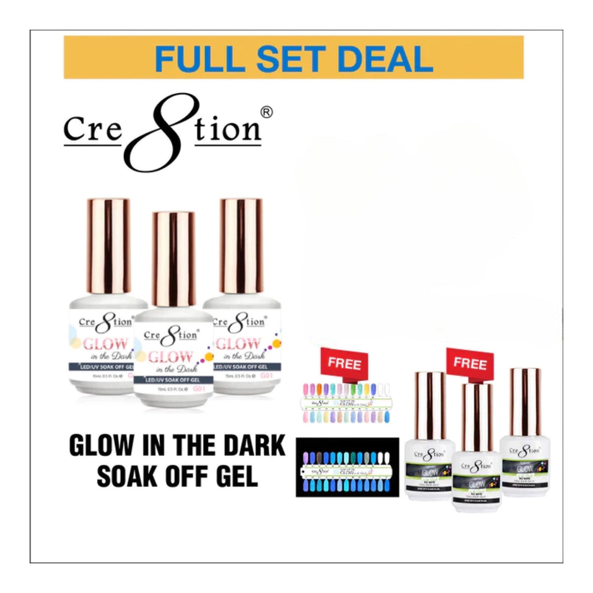 Cre8tion Glow In the Dark gel 0.5oz - Full Set 36 Colors W/ 3pcs Top Coat Glow & 1 set color chart