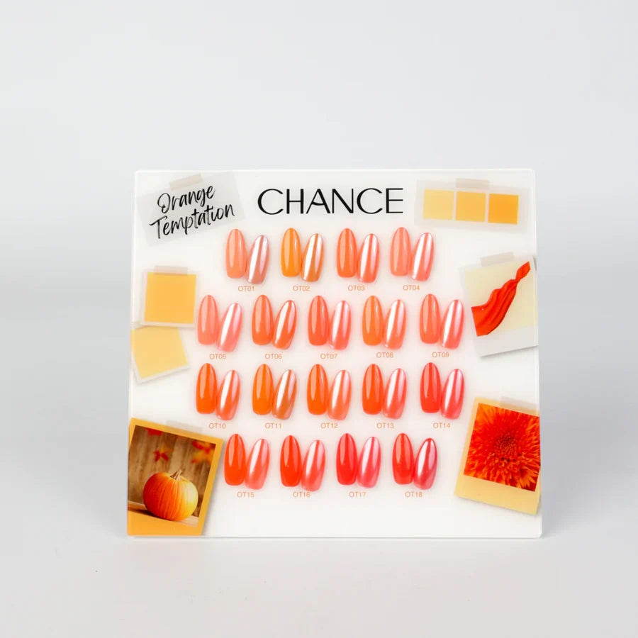 Chance Orange Temptation Collection 0.5oz - 18 Colors w/ 1 Counter Display, 3 Chance No Wipe Top Coat 0.5oz & 1 Cre8tion White Pearl Chrome