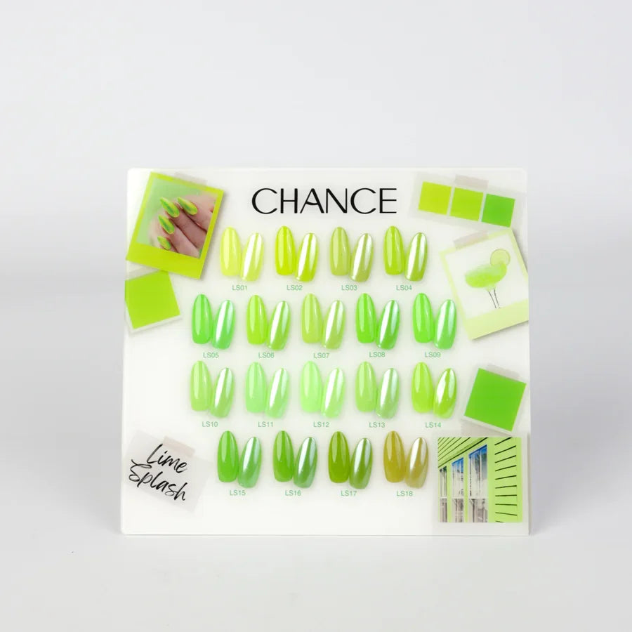 Chance Lime Splash Collection 0.5oz - 18 Colors w/ 1 Counter Display, 3 Chance No Wipe Top Coat 0.5oz & 1 Cre8tion White Pearl Chrome
