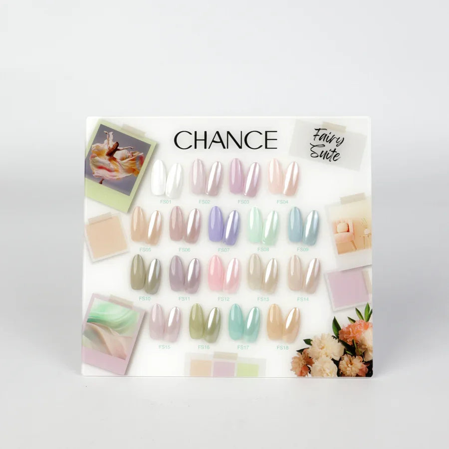 Chance Fairy Suite Collection 0.5oz - 18 Colors w/ 1 Counter Display, 3 Chance No Wipe Top Coat 0.5oz & 1 Cre8tion White Pearl Chrome