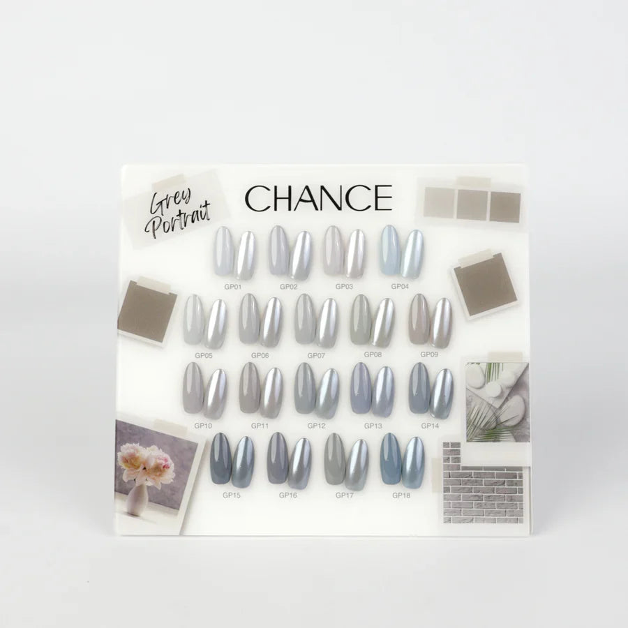 Chance Grey Portrait Collection 0.5oz - 18 Colors w/ 1 Counter Display, 3 Chance No Wipe Top Coat 0.5oz & 1 Cre8tion White Pearl Chrome