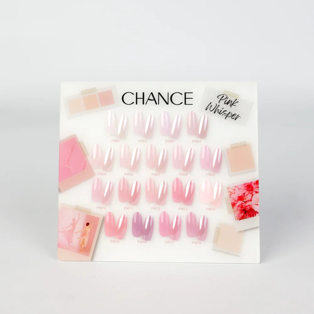 Chance Pink Whisper Collection 0.5oz - 18 Colors w/ 1 Counter Display, 3 Chance No Wipe Top Coat 0.5oz & 1 Cre8tion White Pearl Chrome
