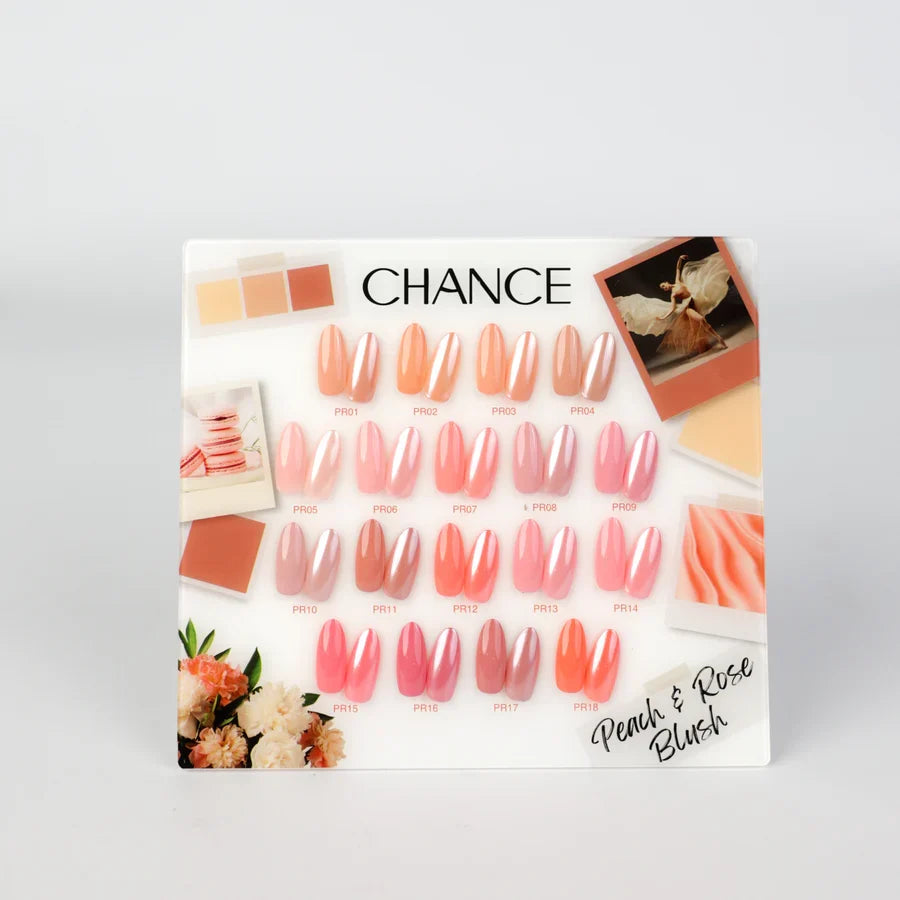 Chance Peach & Rose Blush Collection 0.5oz - 18 Colors w/ 1 Counter Display, 3 Chance No Wipe Top Coat 0.5oz & 1 Cre8tion White Pearl Chrome