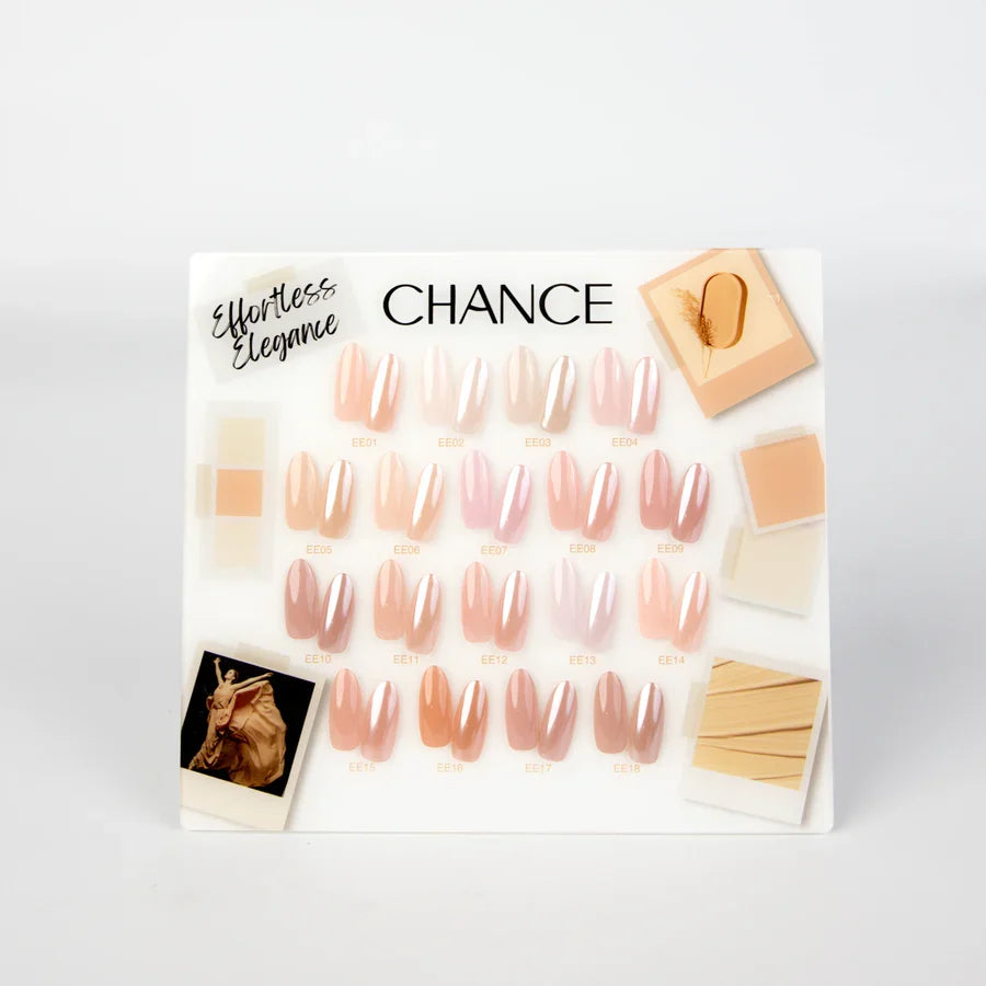 Chance Effortless Elegance Collection 0.5oz - 18 Colors w/ 1 Counter Display, 3 Chance No Wipe Top Coat 0.5oz & 1 Cre8tion White Pearl Chrome