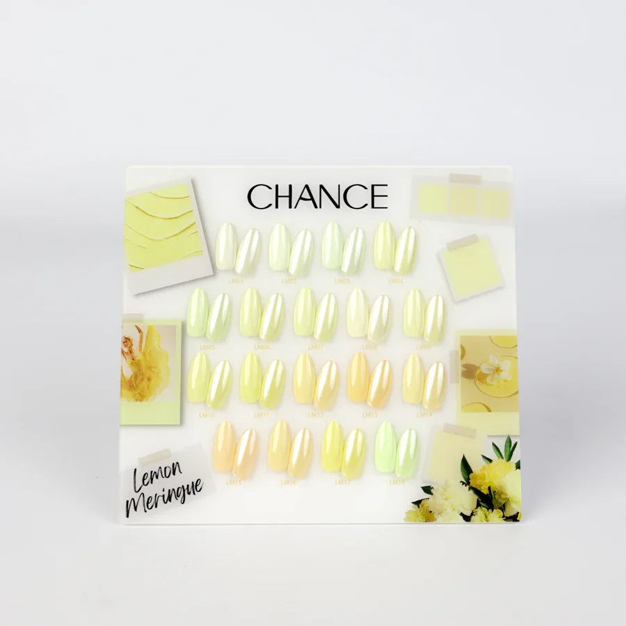 Chance Lemon Meringue Collection 0.5oz - 18 Colors w/ 1 Counter Display, 3 Chance No Wipe Top Coat 0.5oz & 1 Cre8tion White Pearl Chrome