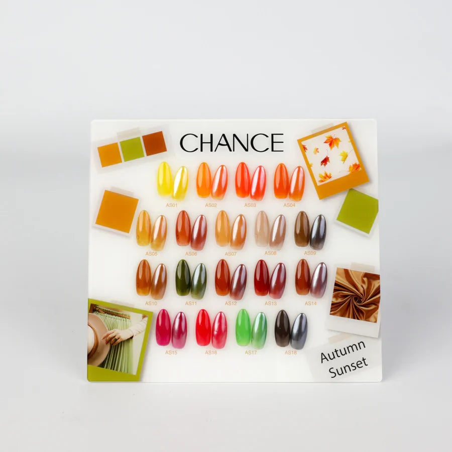 Chance Autumn Sunset Collection 0.5oz - 18 Colors w/ 1 Counter Display, 3 Chance No Wipe Top Coat 0.5oz & 1 Cre8tion White Pearl Chrome