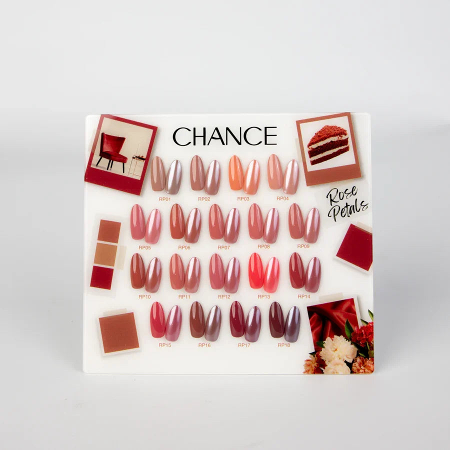 Chance Rose Petals Collection 0.5oz - 18 Colors w/ 1 Counter Display, 3 Chance No Wipe Top Coat 0.5oz & 1 Cre8tion White Pearl Chrome