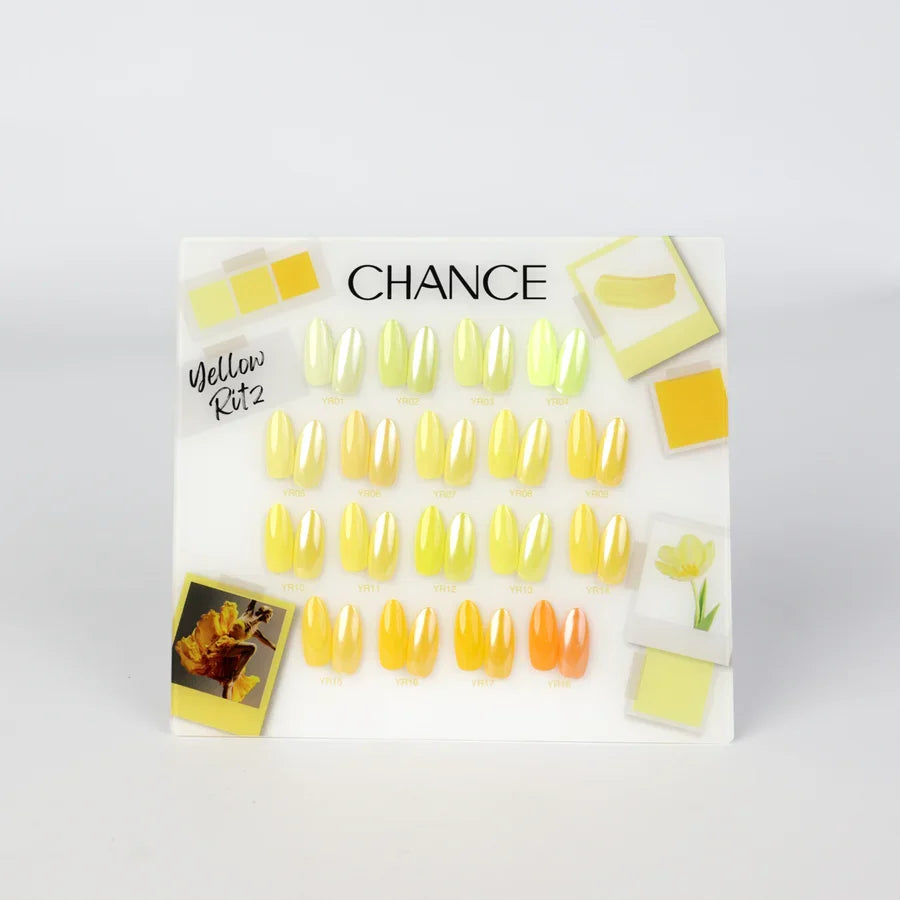 Chance Yellow Ritz Collection 0.5oz - 18 Colors w/ 1 Counter Display, 3 Chance No Wipe Top Coat 0.5oz & 1 Cre8tion White Pearl Chrome