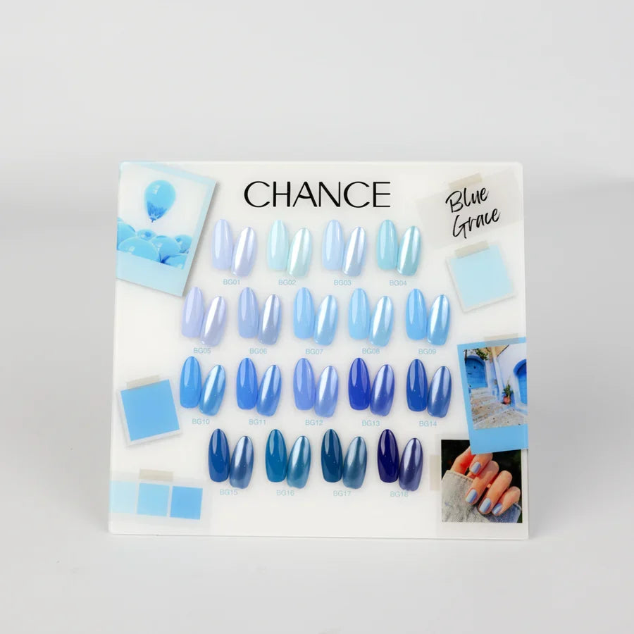 Chance Blue Grace Collection 0.5oz - 18 Colors w/ 1 Counter Display, 3 Chance No Wipe Top Coat 0.5oz & 1 Cre8tion White Pearl Chrome