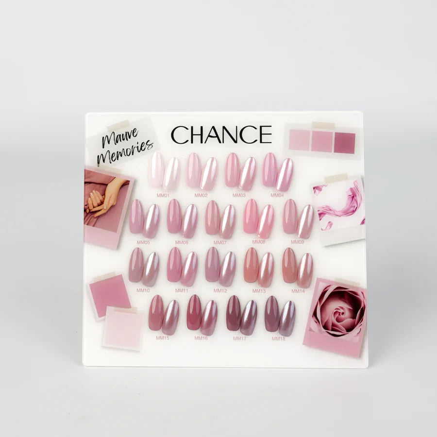 Chance Mauve Memories Collection 0.5oz - 18 Colors w/ 1 Counter Display, 3 Chance No Wipe Top Coat 0.5oz & 1 Cre8tion White Pearl Chrome