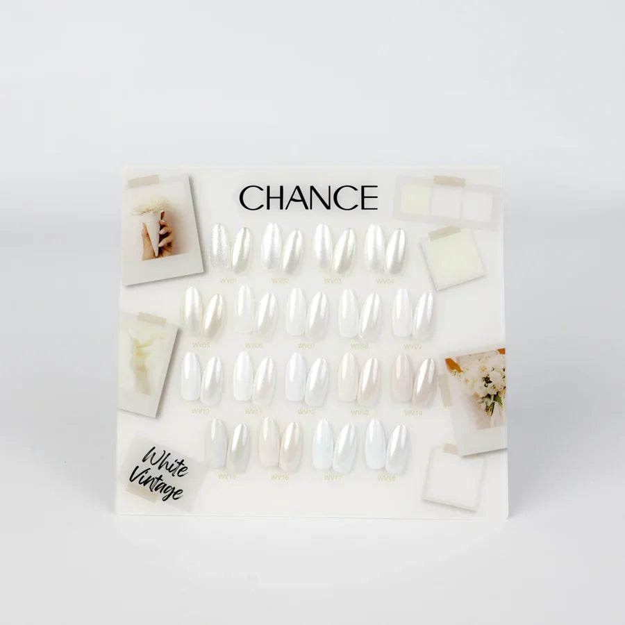 Chance White Vintage Collection 0.5oz - 18 Colors w/ 1 Counter Display, 3 Chance No Wipe Top Coat 0.5oz & 1 Cre8tion White Pearl Chrome