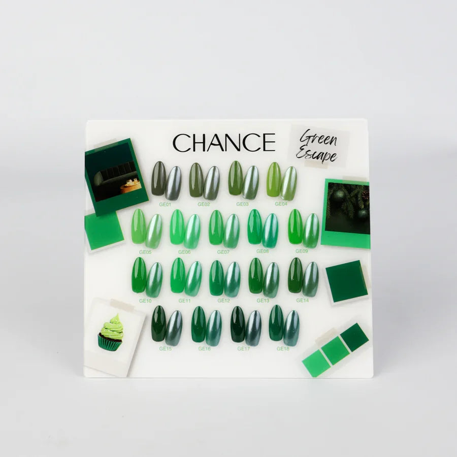 Chance Green Escape Collection 0.5oz - 18 Colors w/ 1 Counter Display, 3 Chance No Wipe Top Coat 0.5oz & 1 Cre8tion White Pearl Chrome