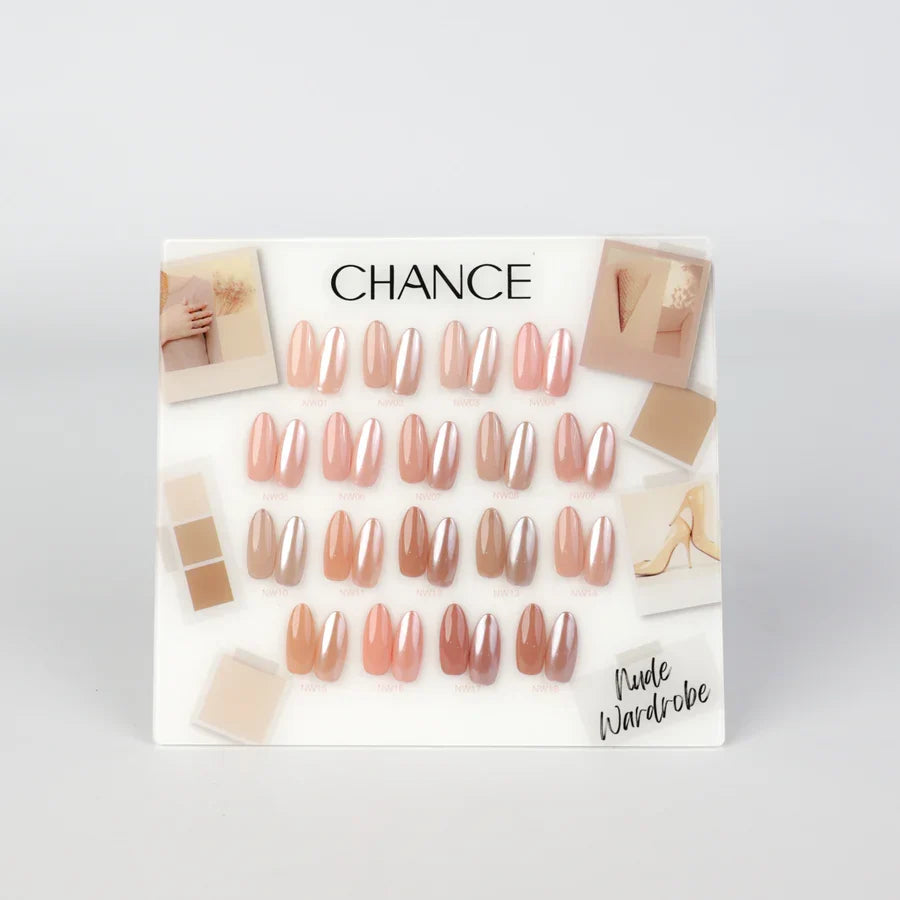 Chance Nude Wardrobe Collection 0.5oz - 18 Colors w/ 1 Counter Display, 3 Chance No Wipe Top Coat 0.5oz & 1 Cre8tion White Pearl Chrome