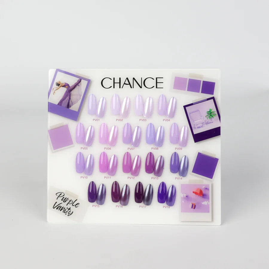 Chance Purple Vanity Collection 0.5oz - 18 Colors w/ 1 Counter Display, 3 Chance No Wipe Top Coat 0.5oz & 1 Cre8tion White Pearl Chrome