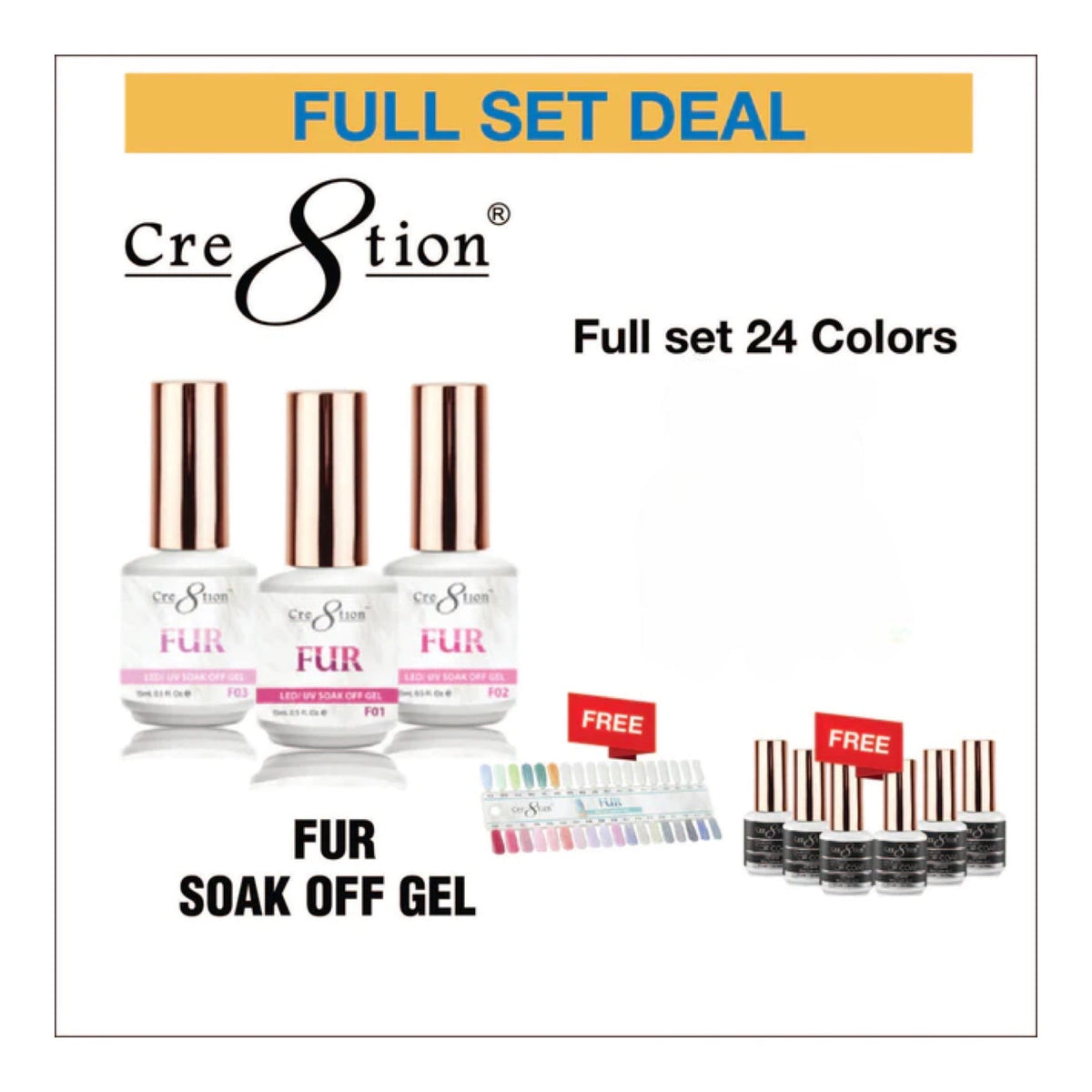 Cre8tion Fur Gel 0.5oz Full 24 colors ( Free 6pcs Top 0.5oz & 1 set Color Chart )