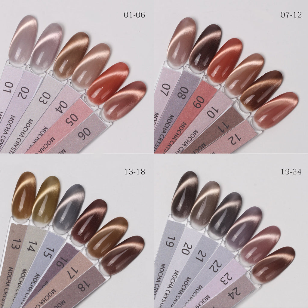 Nacy Full Set Coffee Mocha Crystal Cat Eye Gel 24 Colors / Free 1 Color Chart Display + Magnet & Top Coat
