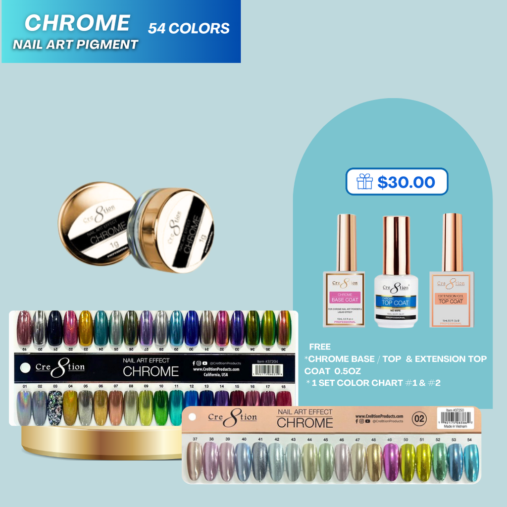 Cre8tion Chrome Pigment 1g - Full 54 colors( Free 1 Color Chart & 1 Chrome Base/Top + 1 Extension Top Coat)