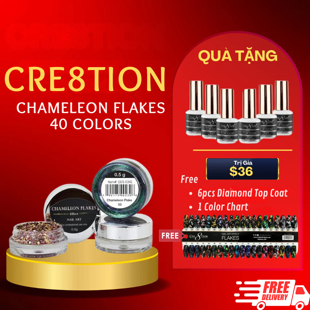 Cre8tion Nail Art Chrome - Chameleon Flakes Full Set - 40 Colors - Free 6 pcs Top Coats W/ 1 Color chart
