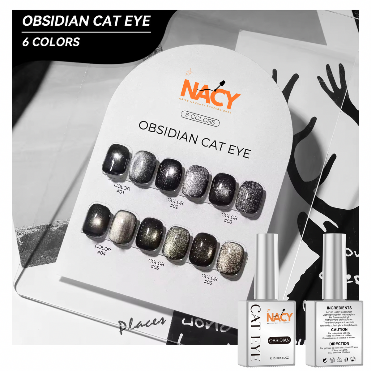 Nacy 6 Colors Obsidian Black Cat Eye Gel Set