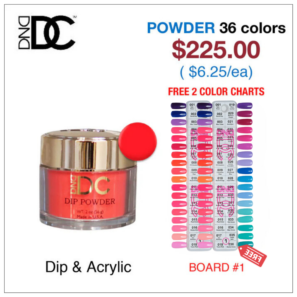 DND DC Dip Powder 2oz - 36 colors Board 1 (#001 - #036) w/ 2 Color Charts