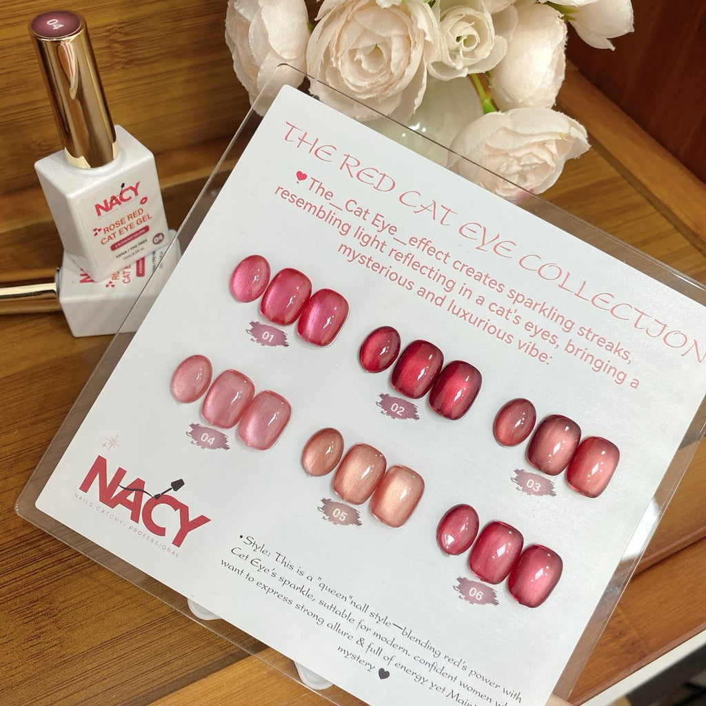 Nacy Full Set Rose Red Cat Eye 6 Colors 0.5oz Free Color Chart Display & Magnet