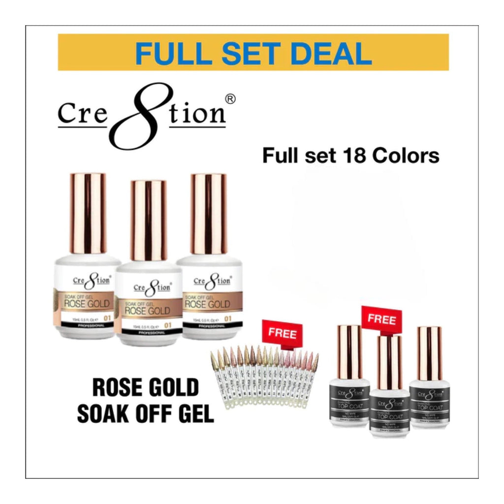 Cre8tion Rose Gold Full 18 Colors Gel ( Free 3pcs Top Coats & 1 set Color Chart )