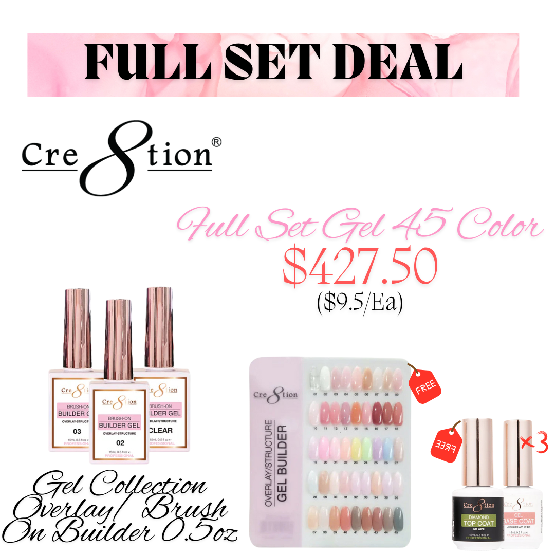 Cre8tion Gel Collection - Overlay/ Brush on Builder 0.5oz - Full Set 45 Colors w/ 1 Color Chart & 3 Cre8tion Base + Top