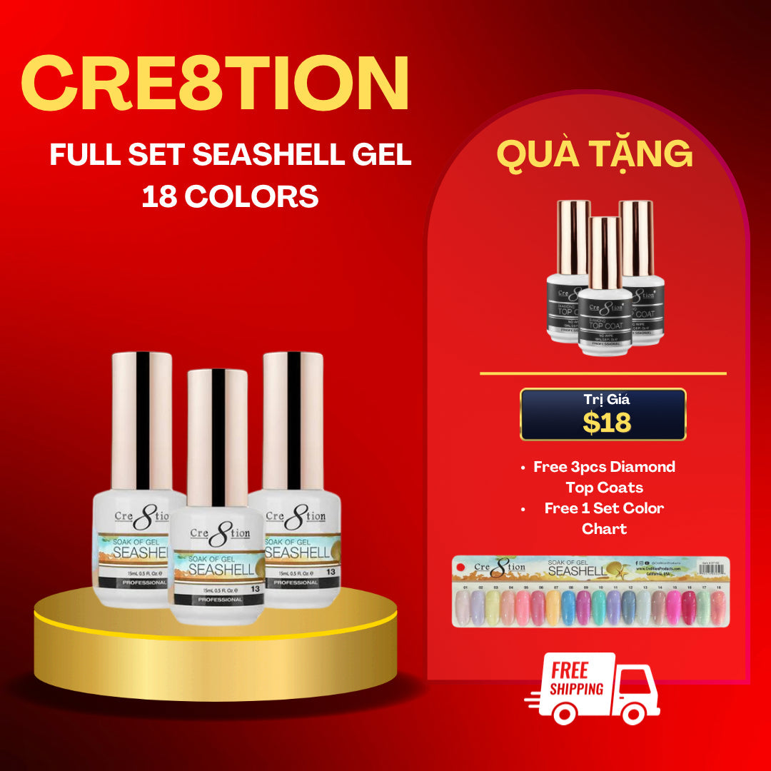 Cre8tion SeaShell Gel 0.5oz - Full Set 18 colors w/ 3 Top Coats 0.5oz & 1 set Color Chart Free