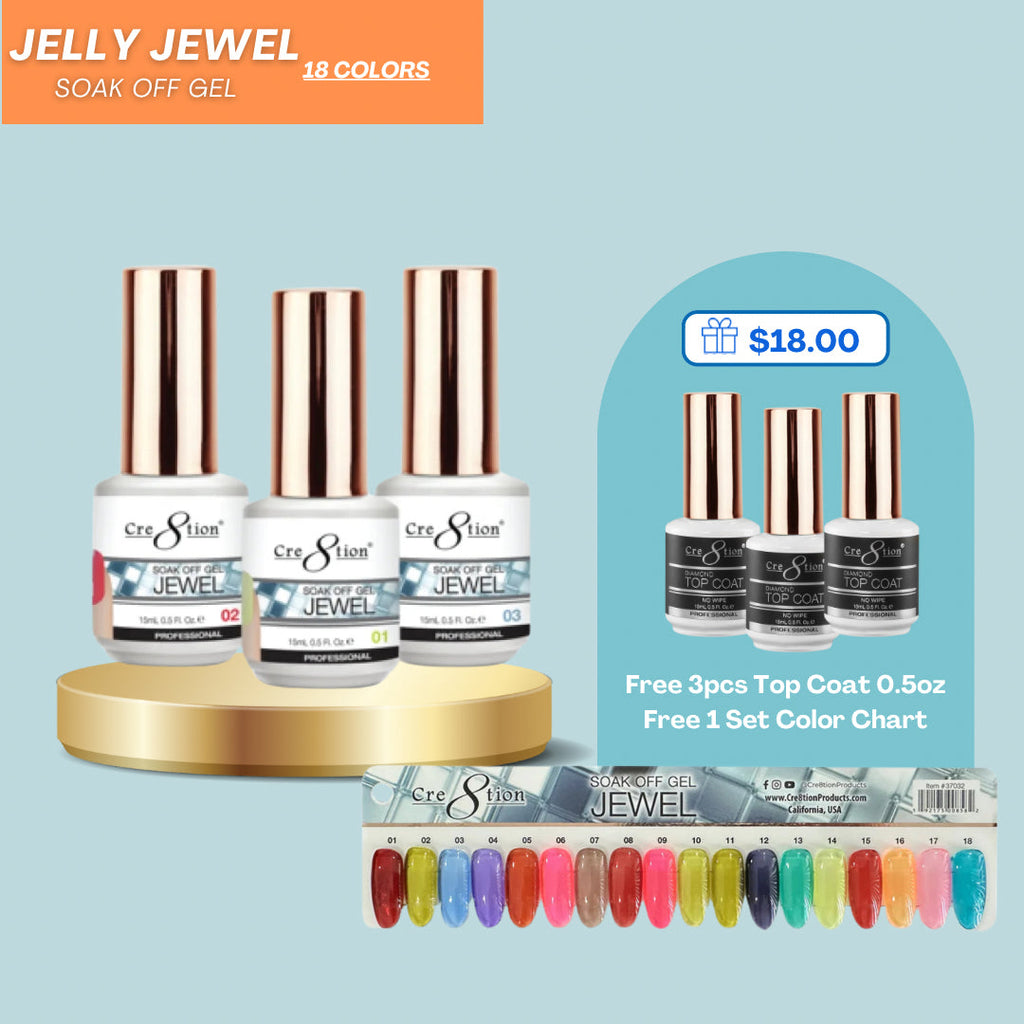 Cre8tion Jelly Jewel Gel - Full Set 18 colors ( Free 3pcs Top Coat 0.5oz & 1 set Color Chart )