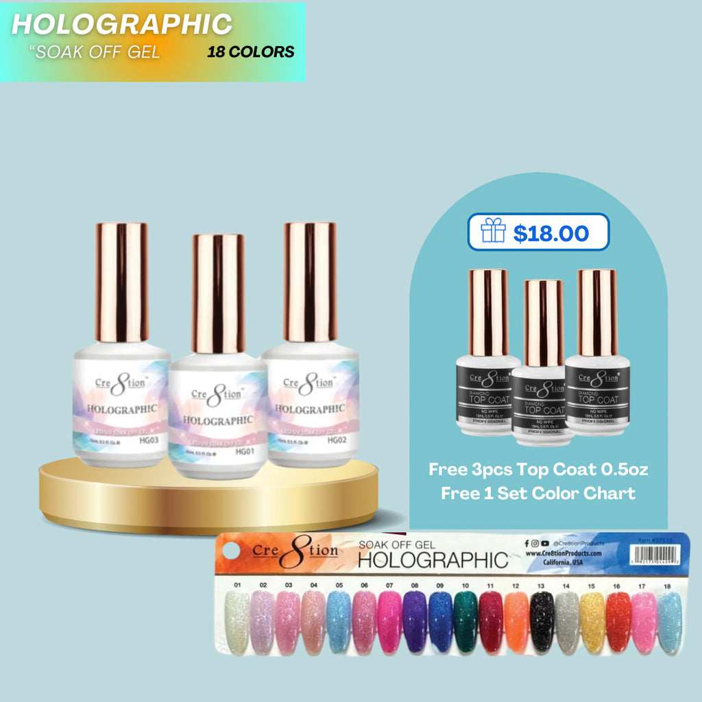 Cre8tion Holographic Gel Full 18 colors ( Free 3pcs Top Coat 0.5oz & 1 set Color Chart )