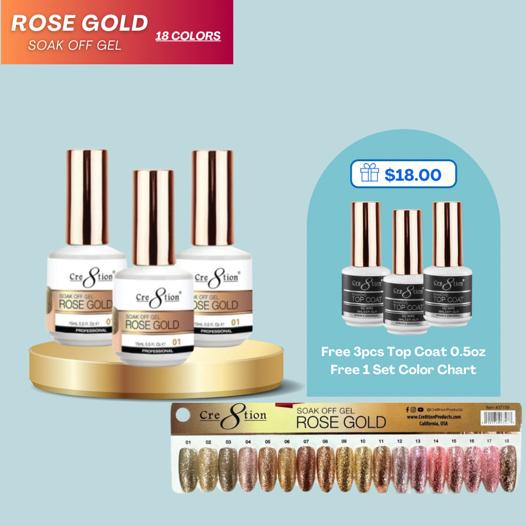 Cre8tion Rose Gold Full 18 Colors Gel ( Free 3pcs Top Coats & 1 set Color Chart )