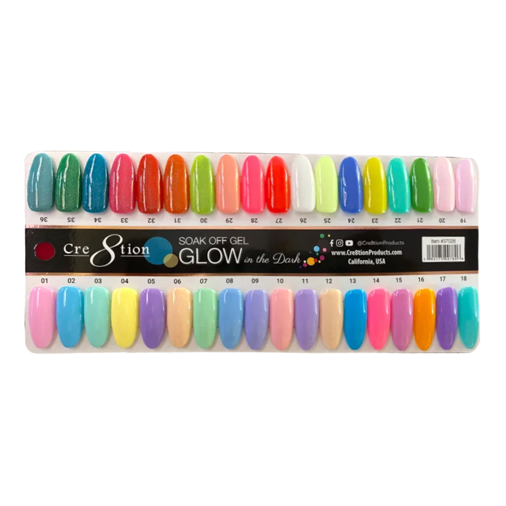 Cre8tion Glow In the Dark gel 0.5oz - Full Set 36 Colors W/ 3pcs Top Coat Glow & 1 set color chart