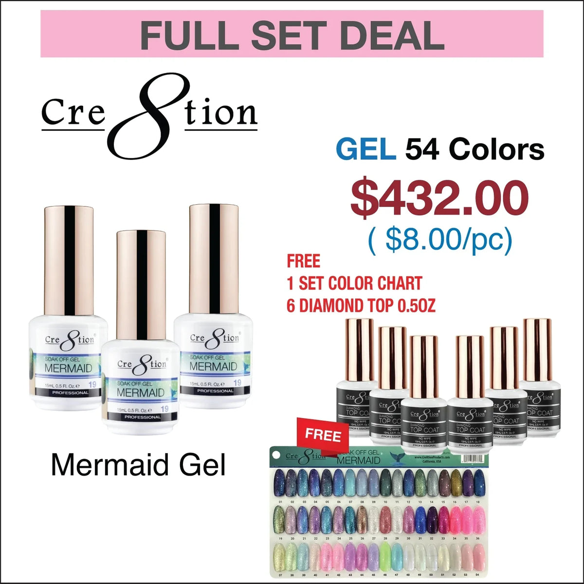 Cre8tion - Mermaid Full 2024 Collection - 54 Colors Soak Off Gel - $8.00/each