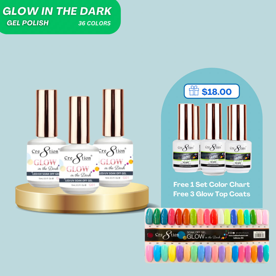Cre8tion Glow In the Dark gel 0.5oz - Full Set 36 Colors W/ 3pcs Top Coat Glow & 1 set color chart