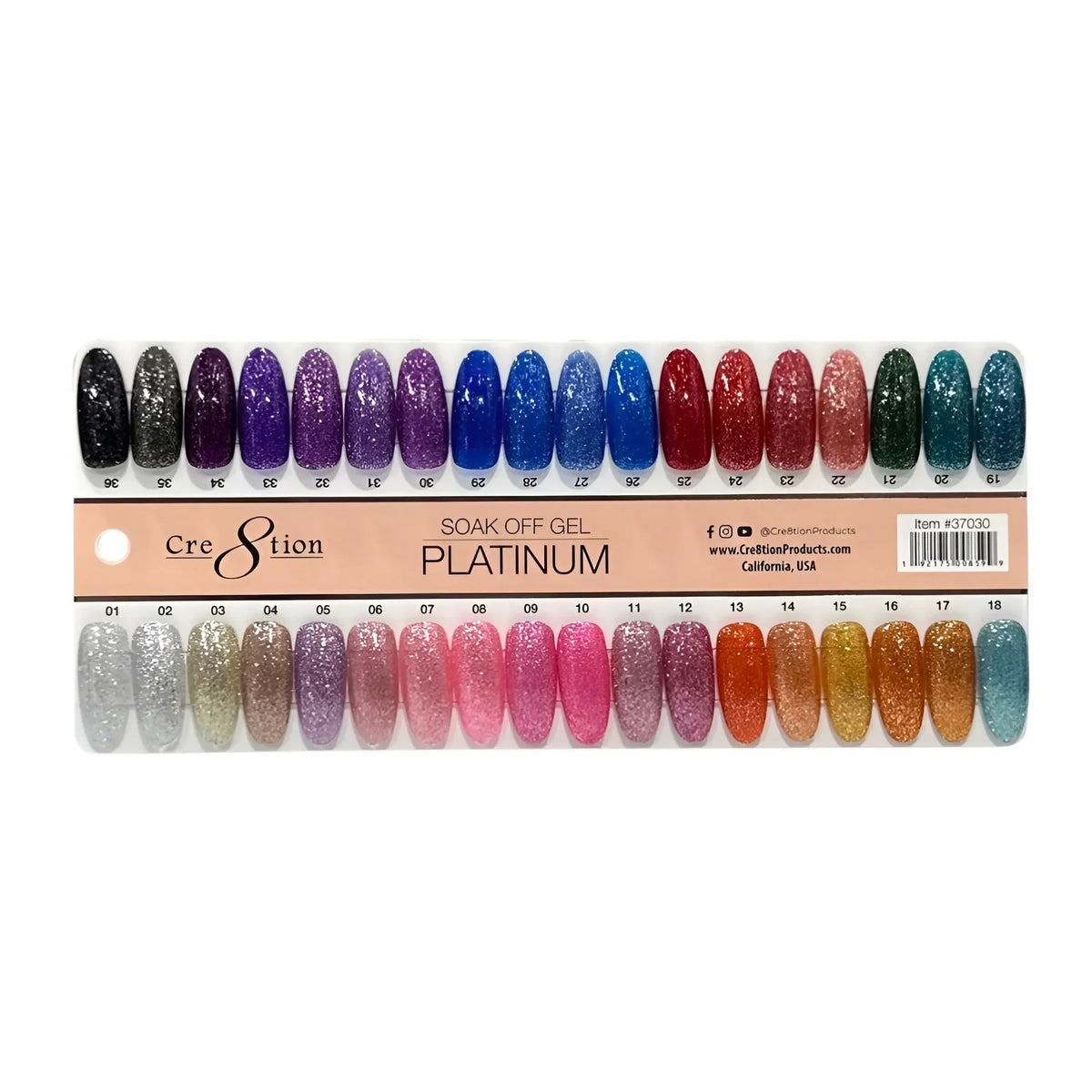 Cre8tion Platinum Gel Full 36 Colors ( Free 6 Top Coats 0.5oz & 1 set Color Chart )