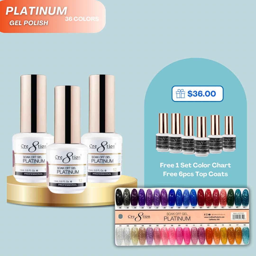 Cre8tion Platinum Gel Full 36 Colors ( Free 6 Top Coats 0.5oz & 1 set Color Chart )