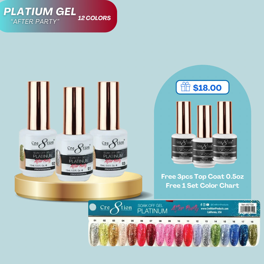 Cre8tion Platinum "After Party" Gel Full 12 Colors 0.5oz ( Free 3pcs Top Coat 0.5oz & 1 Set Color Chart )
