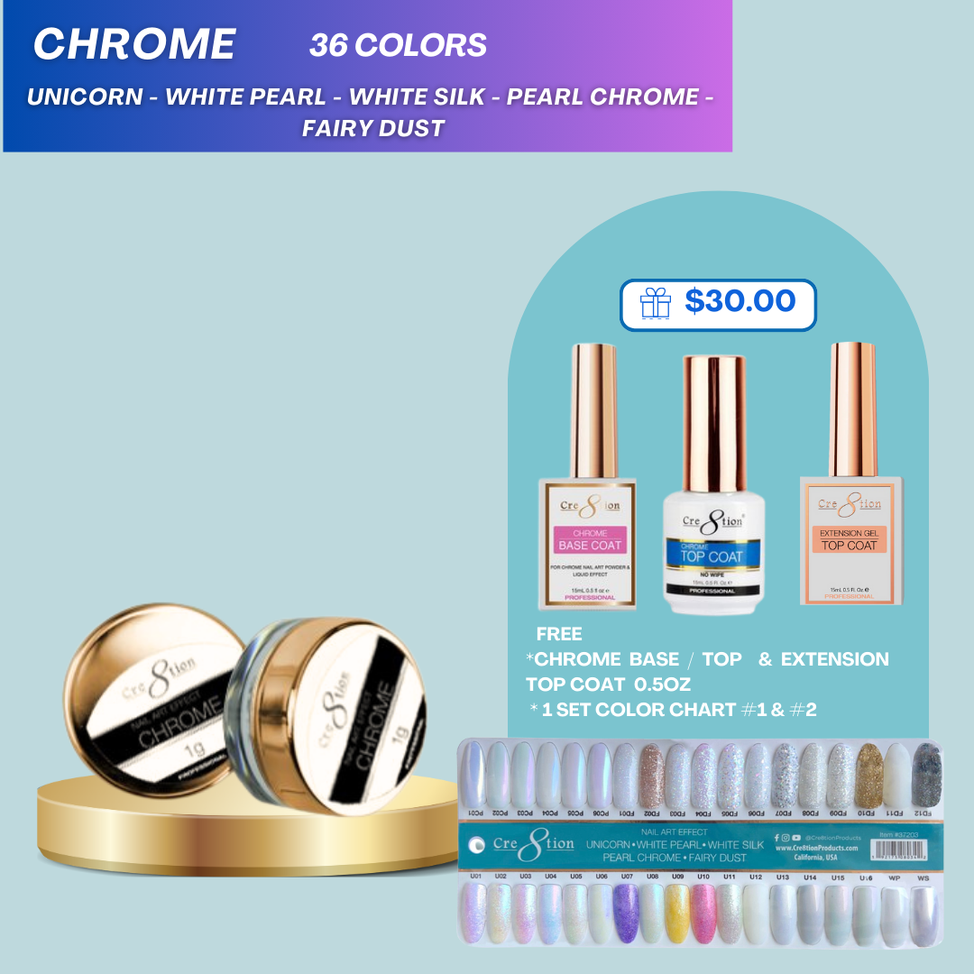 Cre8tion Chrome Pigment 1g - Full 36 Colors ( Free 1 Color Chart & 1 Cre8tion Chrome Base/Top + Extension Top)