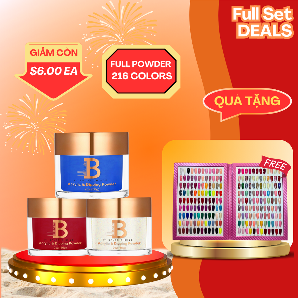 Billionaire Dip & Acrylic Powder - Full set 216 Colors w/ 1 Color Book - Free 1 Set Nacy Glaze Jelly 24 Colors