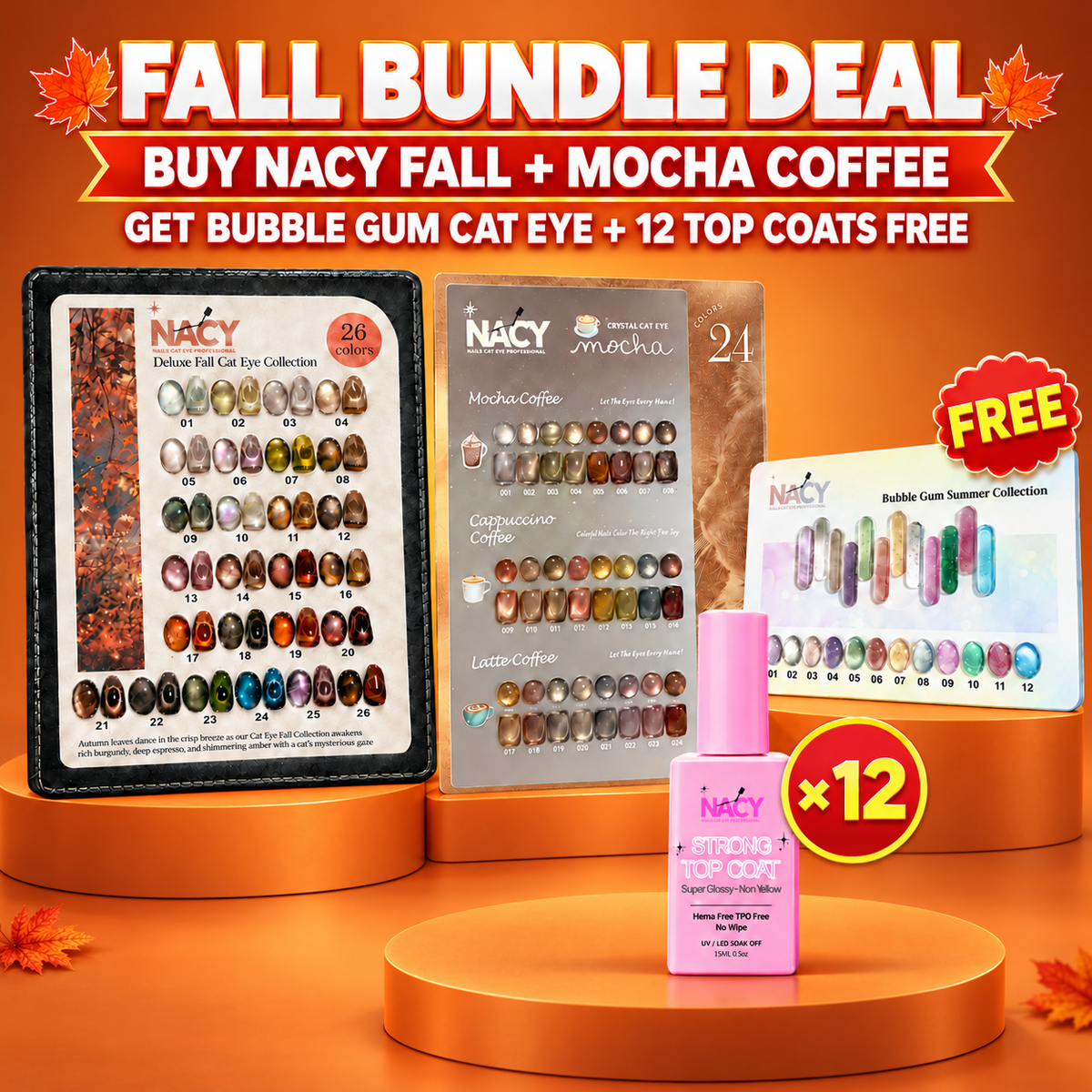 Bundle Deal- Full Set Nacy Fall Cat Eye 26 Colors 0.5oz / Free Display Chart & Top Coat