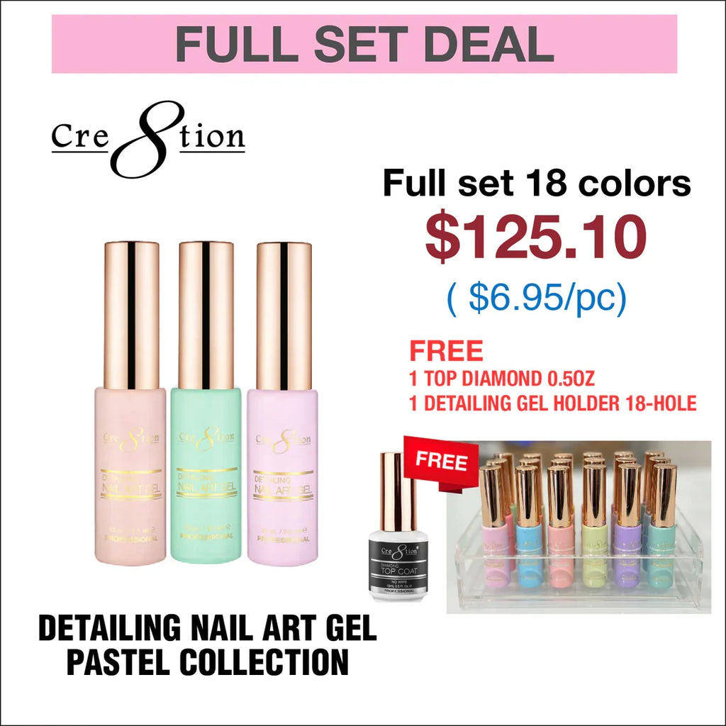Cre8tion Detailing Nail Art Gel - Pastel Collection - Full set 18 colors w/ 1 Top Diamond 0.5oz & 1 Detailing Gel Holder 18-Hole