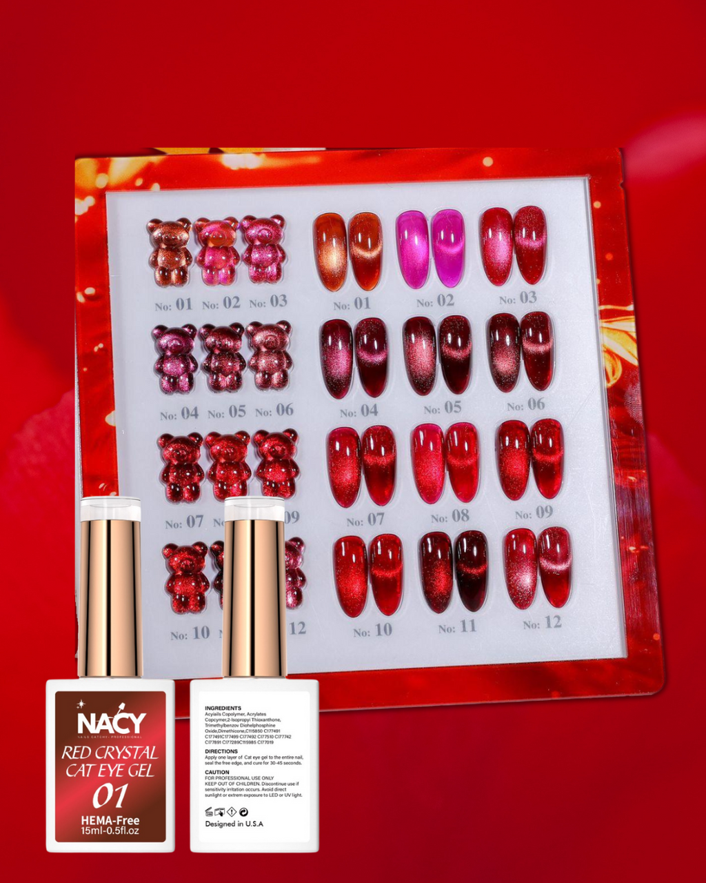 [BFCM 25] Deal Nacy Red Royal Crystal Cat Eye Collection 12 Colors / w Color Book Display