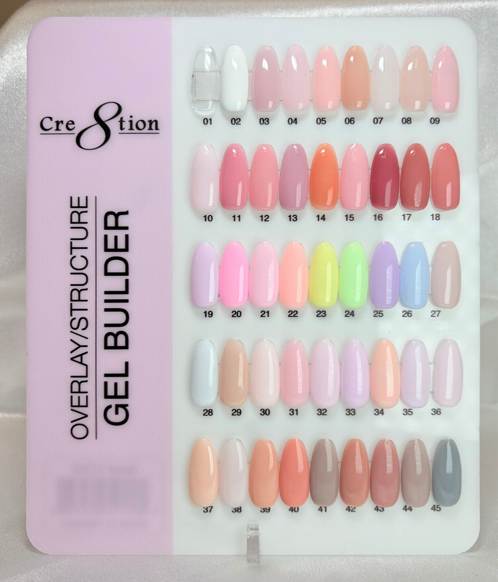 Cre8tion Gel Collection - Overlay/ Brush on Builder 0.5oz - Full Set 45 Colors w/ 1 Color Chart & 3 Cre8tion Base + Top