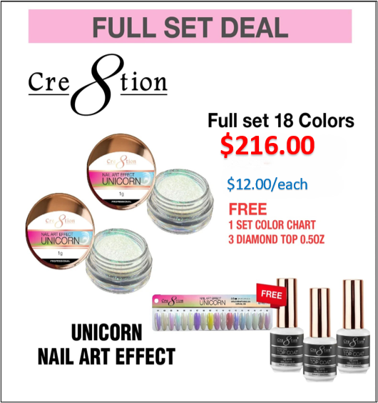 Cre8tion Unicorn Nail Art Effect - Full set 18 colors w/ 3 Top Diamond 0.5oz & 1 set Color Chart