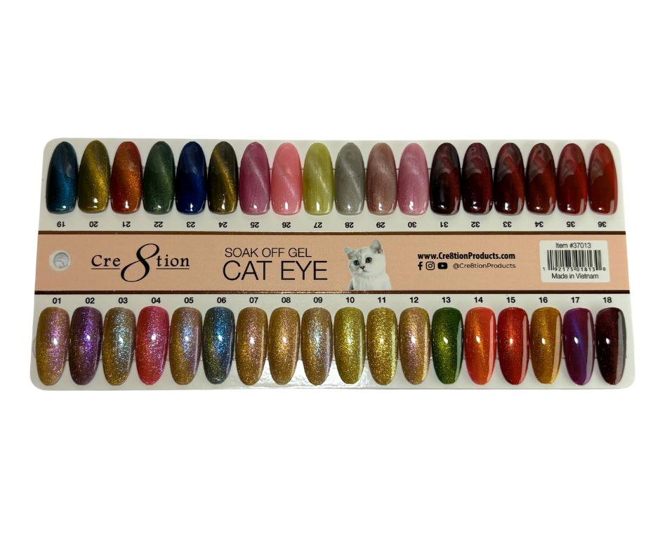 Cre8tion Cat Eye Soak Off Gel 0.5oz - Full Set 90 Colors - Cat Eye colors ( #01 - #72). Mystical Collection (#01-#12) & Saphire Cat Eye (#SC01-#SC06) w/ 2 Round Shape Magnet