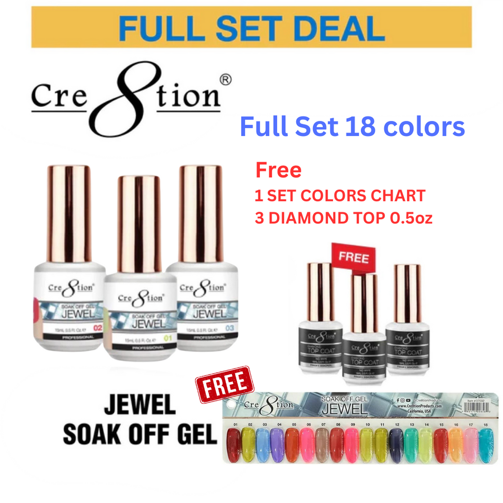 Cre8tion Jelly Jewel Gel - Full Set 18 colors ( Free 3pcs Top Coat 0.5oz & 1 set Color Chart )