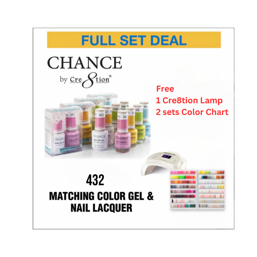 Chance Matching Color Gel & Nail Lacquer 0.5oz - Full Set 396 colors (360 Colors + 36 Colors Bare Collection) w/ 1 Cre8tion Lamp & 2 sets Color Chart