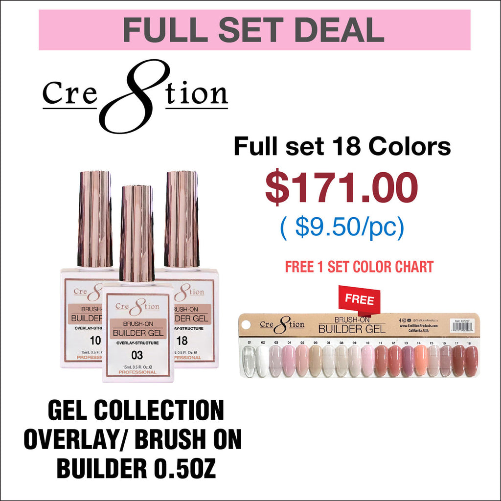 Cre8tion Gel Collection - Overlay/ Brush on Builder 0.5oz - Full Set 18 Colors w/ 1 Color Chart